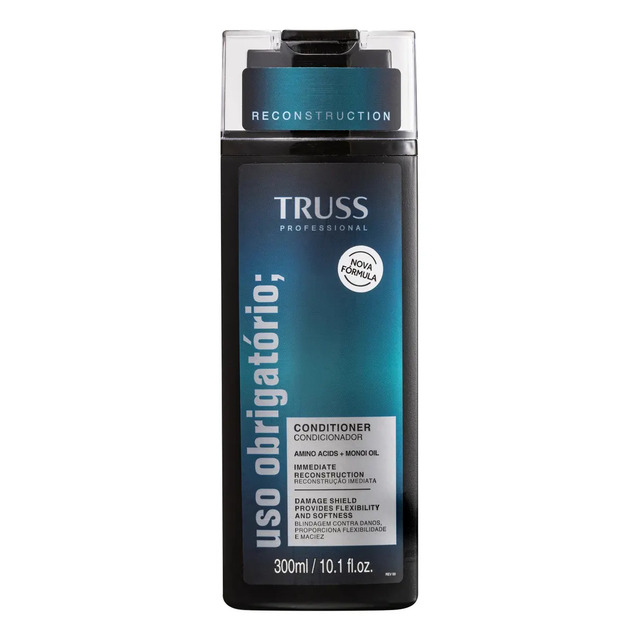 Frasco do condicionador Truss Uso Obrigatório de 300ml com embalagem preta e detalhes em degradê azul