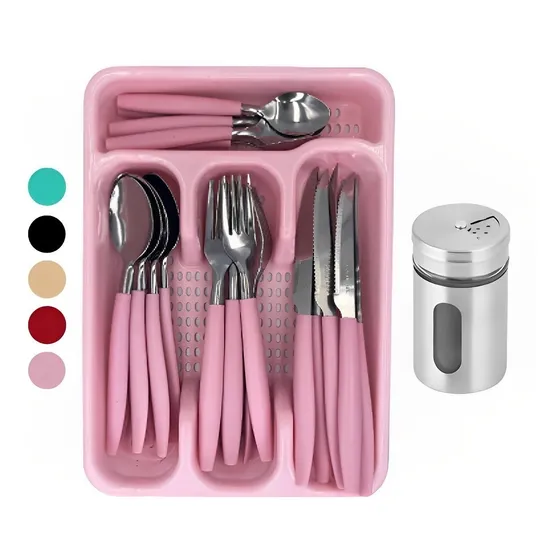 Kit Jogo De Talheres Faqueiro Inox Gaveteiro + Saleiro Inox