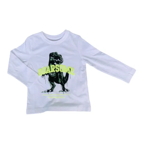 Franelas Niños Manga Larga Blanca De Dinosaurio, Algodón!
