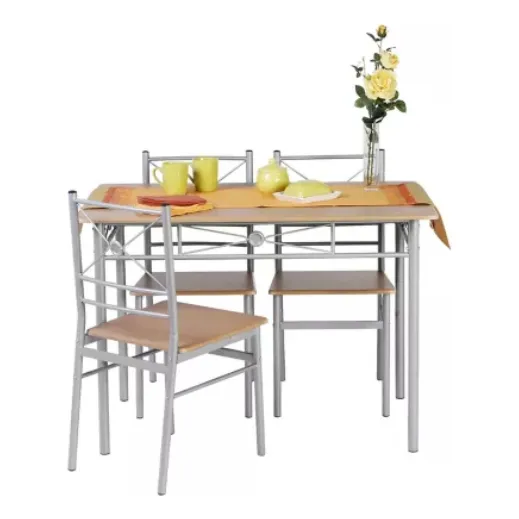Comedor 4 Sillas De Metal Rectangular Elegante Jhc Color Madera Color Beige Diseño De La Tela De Las Sillas Rayado