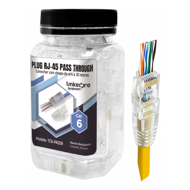 Tarro Con 50 Conectores Plug Rj45 Cat6, Pass Through + Bota