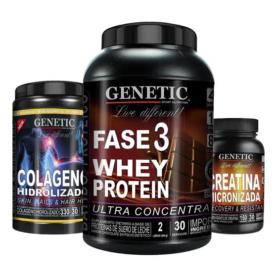 Whey Fase 3 Creatina Pura Colageno Resveratrol Q10 Genetic