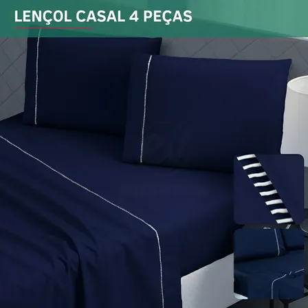 Kit Jogo De Cama Casal 400 Fios 4 Peças Fronhas Ponto Palito Extra Macio Suave Resistente Cor Azul Marinho Premium