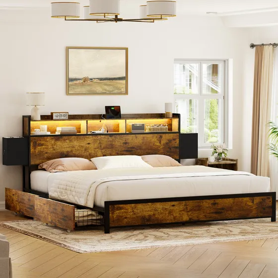 Base De Cama King Con Cabecero De Almacenamiento Y 2 Cajones Color Marrón Rústico Fabato HB067