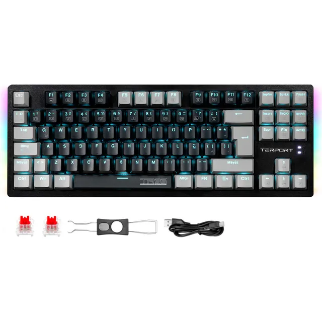 TERPORT Teclado Mecánico TKL 80% Español TR95 Switch Huano Rojo Hotswap, Cable Desmontable, Retroiluminación Azul Y Luz Lateral Rgb, Teclado Gamer de 88 Teclas Anti-ghosting Para Juegos - Negro/Gris