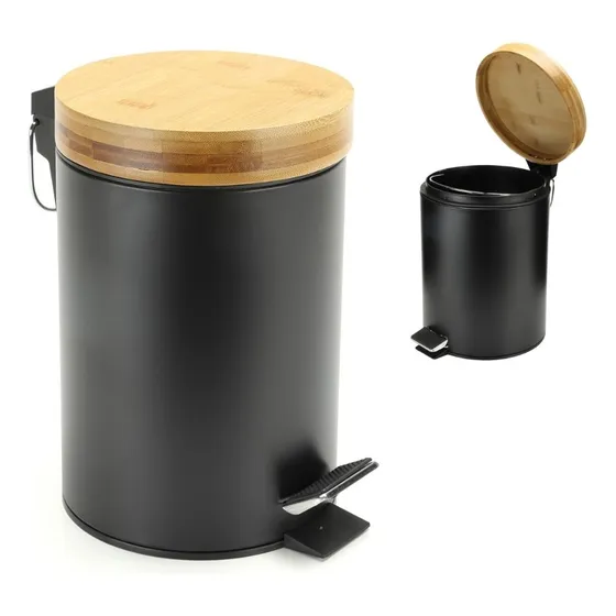 Tacho Basura 3 Litros Papelera Acero Inox Tapa Bambu Y Pedal