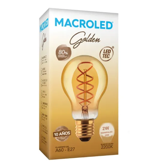 Lampara Filamento Led Golden A60 Macroled 2w E27
