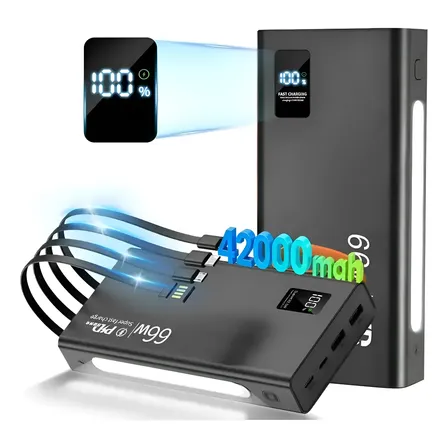 Power Bank 42000mah 66w Turbo Rápido Com 4 Cabos Preto