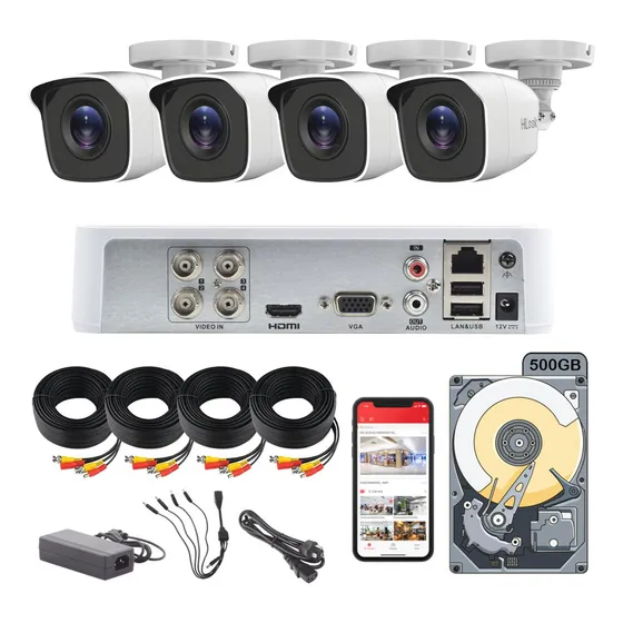 Kit Circuito Cerrado Hikvision HiLook Dvr 4 Canales 4 Cámaras 720p 1MP HD Cables 18mts Disco Duro 500GB