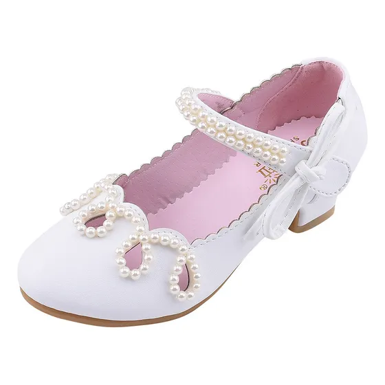 Zapatos De Piel Con Tacón Perlado Para Niñas Pequeñas, Zapat