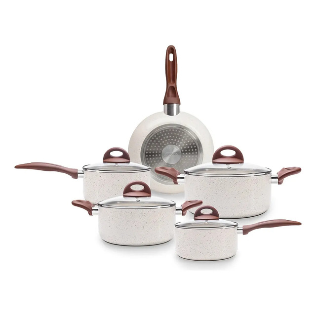 Jogo de panelas Brinox Smart Plus cor Vanilla com 5 peças, incluindo frigideira, panelas e caçarolas com tampas de vidro e cabos marrons