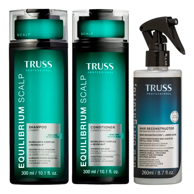 Kit de tratamento capilar Truss contendo um frasco de shampoo Equilibrium Scalp, um frasco de condicionador Equilibrium Scalp e um frasco de Hair Reconstructor com gatilho spray.