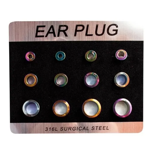 Display De Piercing Expansor Acero Anodizado Rainbow 12 Pcs