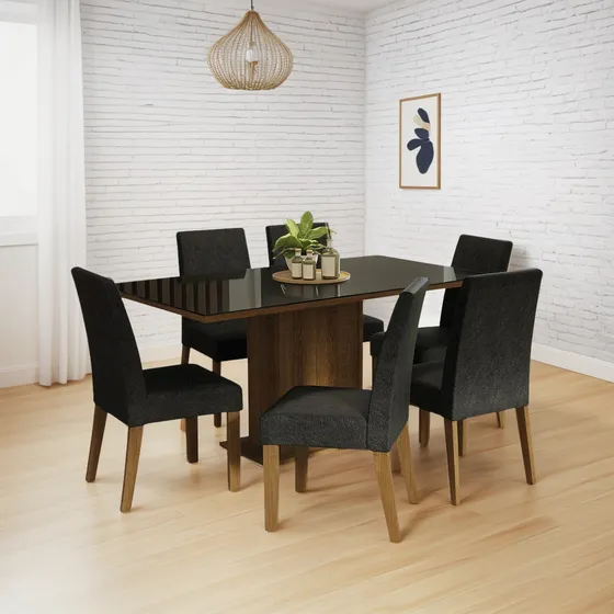 Juego De Comedor Mesa Vidrio Y 6 Sillas Madesa Oxford Mn 07 Color Marron/Negro/Oxford Diseño de la tela de las sillas Liso