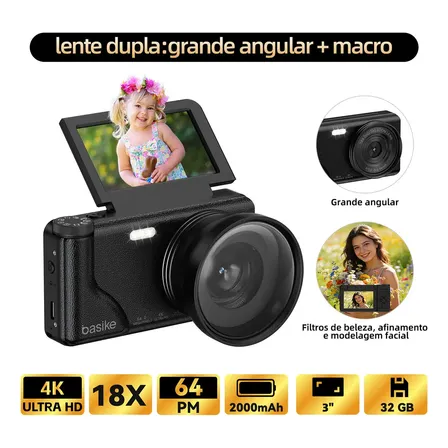 4k Câmera Fotografica Digital Com Lente Dupla: Grande Angular + Macro, 64mp 18x Câmera De Beleza Com Flash , Cartão Sd... Preto-b