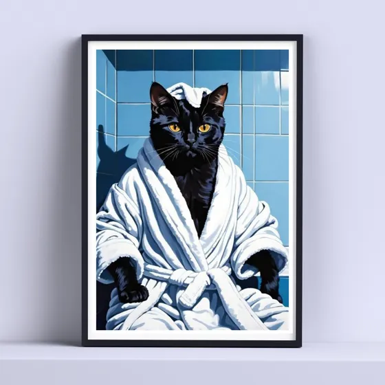 Cuadro  Gato Negro Con Bata De Baño Sauna 30 X 40 Cm