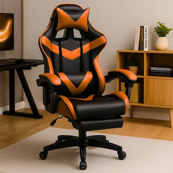 Cadeira De Escritório Gamer Nitro Ergonômica Estofado Couro Sintético Reclinável Altura Ajustável Apoio Para Pés Cor Laranja Luvinco