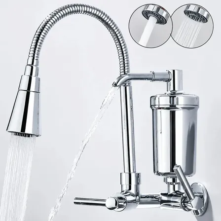 Torneira Gourmet Com Filtro Purificador de Água Flexível Pia Cozinha Bica De Parede 2 Jatos Cor Prateada Linha Premium - Marca Camperluz