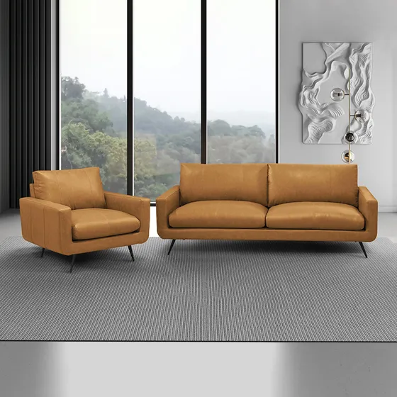 Conj Paloma 1 Sofá 223cm 1 Polt Pés Couro Caramelo Manchado