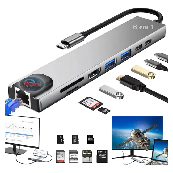 Hub Adaptador 8 Em 1 Usb-c Multiporta Dongle Com Usb 3.0, Usb 2.0, 4k 60hz Hdmi, Type-c, 100mbps Rj45, Sd/tf, Pd 100w Para Notebook ,celular, iPad, Mais, Para Trabalho, Viagem, Home Office E Estudo