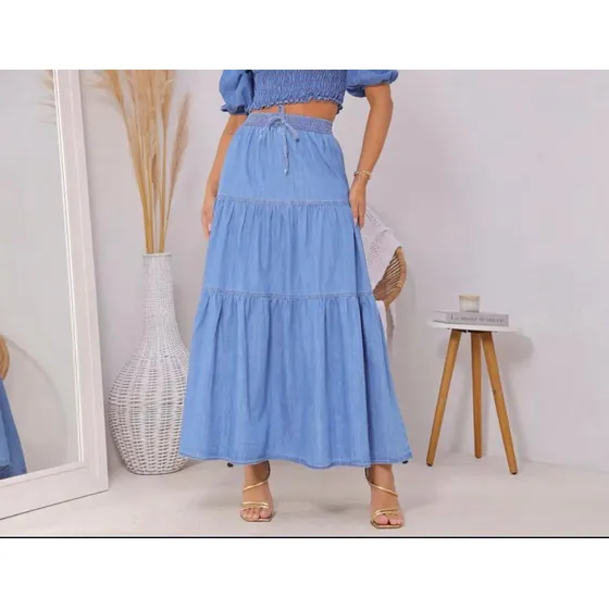 Saia Longa Jeans 3 Marias Com Elástico Na Cintura Premium