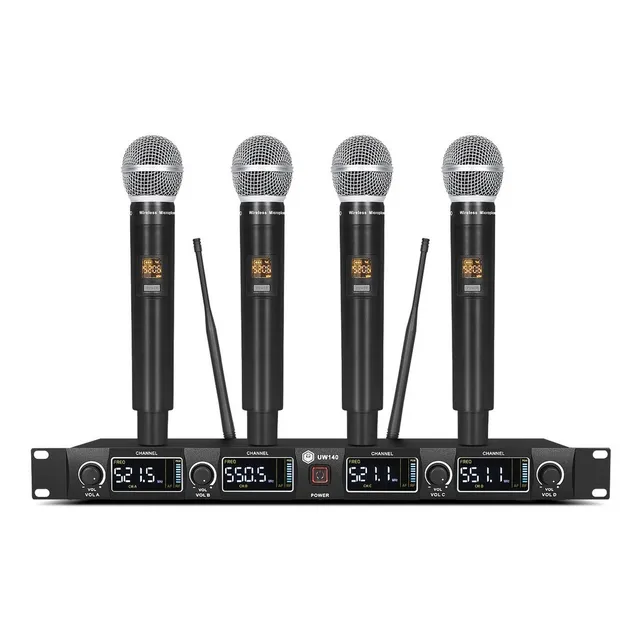 Sistema de micrófono inalámbrico UHF profesional de 4 canales con receptor de metal montado en rack y 4 micrófonos de mano, para iglesia, escuela, bodas al aire última intervensión, reuniones, fiestas