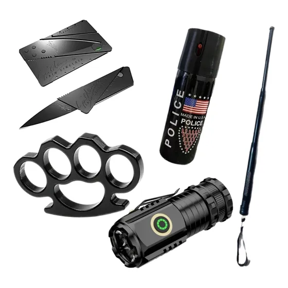 Kit Defensa Personal Gas Linterna Navaja Baston Manopla