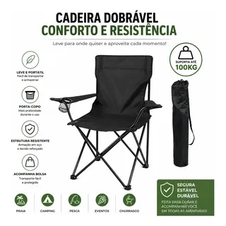 Cadeira Dobrável Resistente Com Bolsa Porta Copos Camping