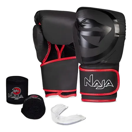 Kit Luva Naja Black Line Muay Thai Boxe + Bandagem + Bucal