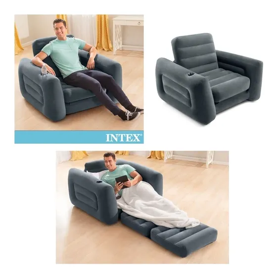 Mueble Sofá Puff Inflable 2en1 Cama Individual C Portavaso