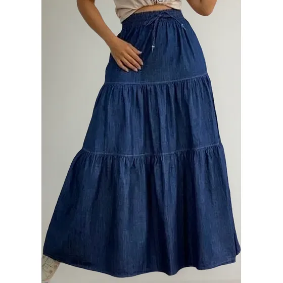 Saia Feminina Jeans 3 Marias Longa Elastico Cos Cintura Alta