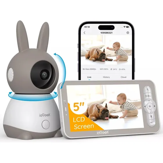 Monitor Para Bebé ieGeek Baby1T WIFI 2K/3MP Camara Con Visión Nocturna Audio Bidireccional Pantalla LCD de 5'' Detección De Llanto Y Movimiento 360° PTZ Y Alarma Color Blanco