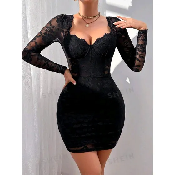 Vestido Negro Encaje Manga Larga Ajustado Dama Sexy  Casual