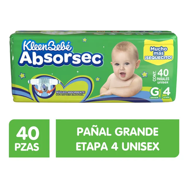 Pañales Kleenbebé Absorsec Etapa 4 Unisex 40 Piezas