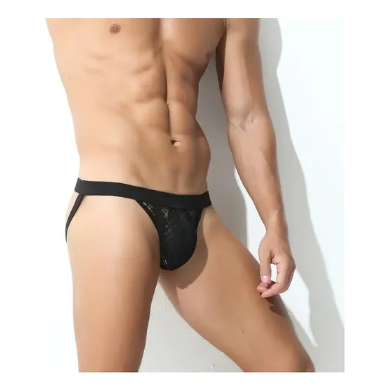 Cueca Jockstrap Tecido Arrastao Furadinha Cavada Aberta
