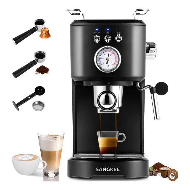 SANGKEE Cafetera Espresso, Máquina de Espresso y Capuchino 20 Bares, Cafetera Retro y Única Cápsulas y Café Molido con Espumador de Leche para Espresso Cappuccino Mocha y Latte para Barista en casa