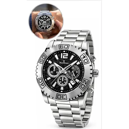 Relógio Jean Vernier Masculino Prata Cronógrafo Prova Dágua 100m Analógico Esportivo Fundo Preto Aço Inoxidável Original