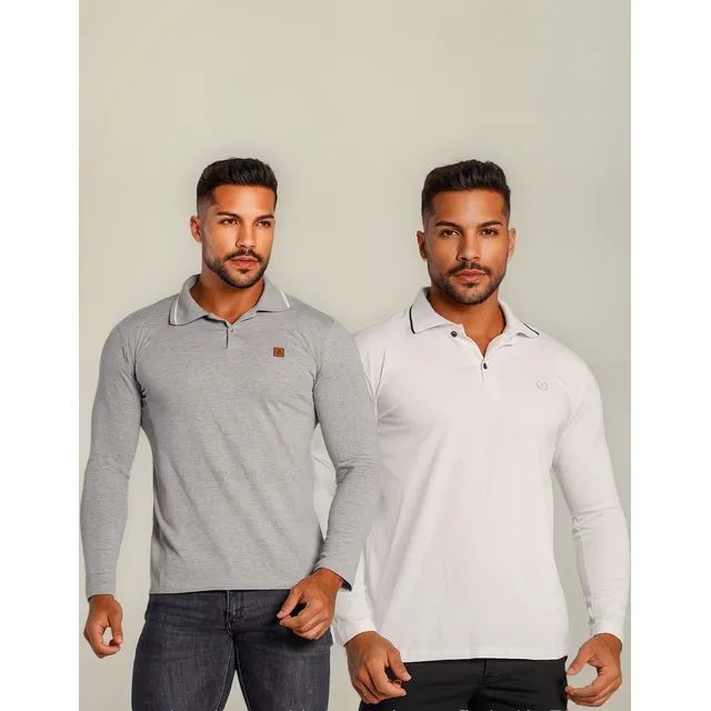 2 Camisas Polo Manga Comprida Bordada Sensação Várias Cores