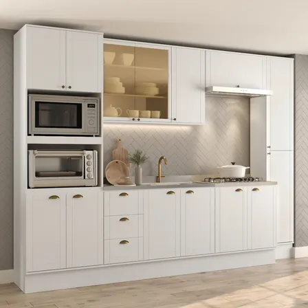 Cozinha Completa Modulada Milla Look 100% Mdf Com Balcão Para Cooktop Branco Carraro