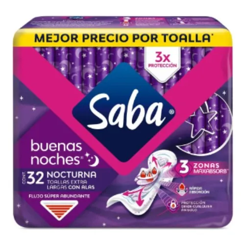 Toallas Saba Buenas Noches Flujo Súper Abundante 32 Pzas