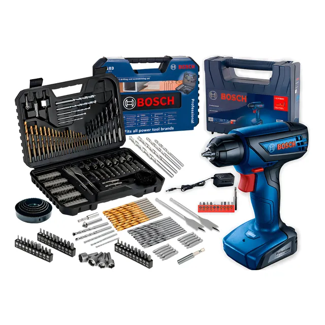 Furadeira Parafusadeira Sem Fio De 6mm Bosch Gsr 1000 Smart Com Maleta 700rpm Azul + Jogo Kit Pontas Brocas 103 Peças Bosch Em Titânio Com Maleta
