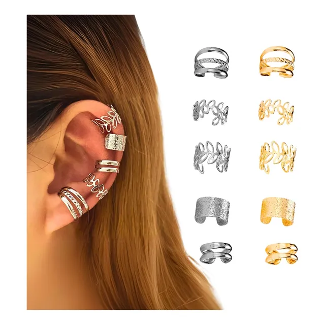Aretes Mujer Solitario Set Ear Cuff Entre Hojas Plateado
