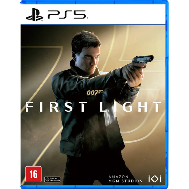 Capa do jogo 007 First Light para PlayStation 5 exibindo o protagonista segurando uma arma em fundo dourado