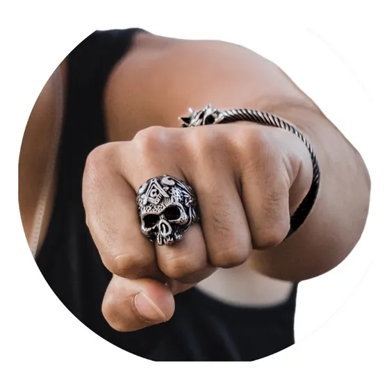 Anillo Hombre Masón Calavera Compass Acero Hipoalergénico