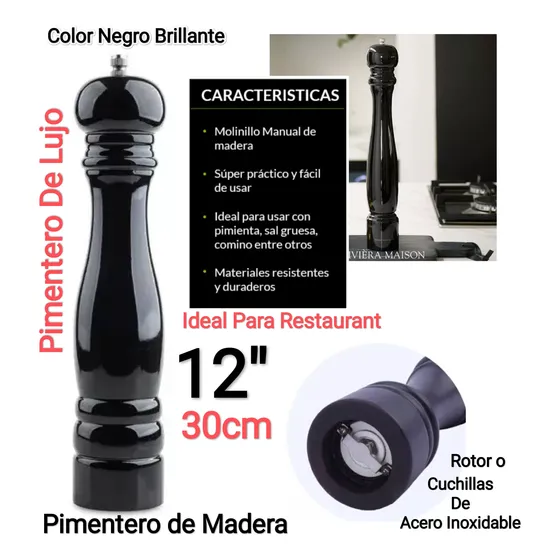 Pimentero De Madera Negro Acero Inoxidable Profesional 30cm