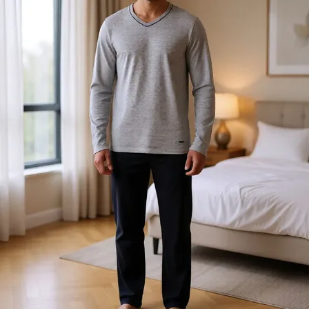 Pijama Masculino Mash Manga Longa Gola V Elast.embutido Cinza Liso G