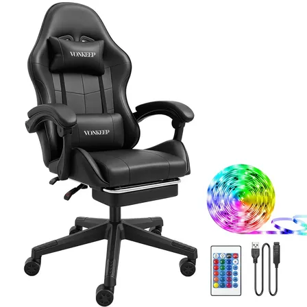 Silla Gamer VonKeep Ergonómica Negra con Reposapiés y Respaldo Reclinable