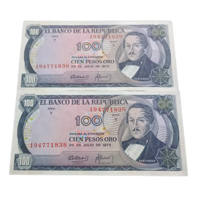 Dúo Billetes 100 Pesos Oro 1973 Sin Circular Unc