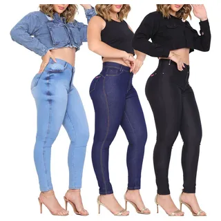Kit 3 Calça Jeans Feminina Cintura Alta C/ Elastano Lycra Kit 3 Calça Jeans Feminina Cintura Alta C/ Elastano Lycra