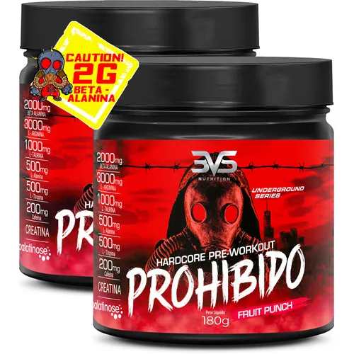 2 Unidades Do Pré Treino Prohibido 180g - Sabor: Fruit Punch - Fórmula Exclusiva Com Creatina, Beta Alanina, Taurina, Cafeína, Arginina, L-tirosina, Palatinose E L-alanina